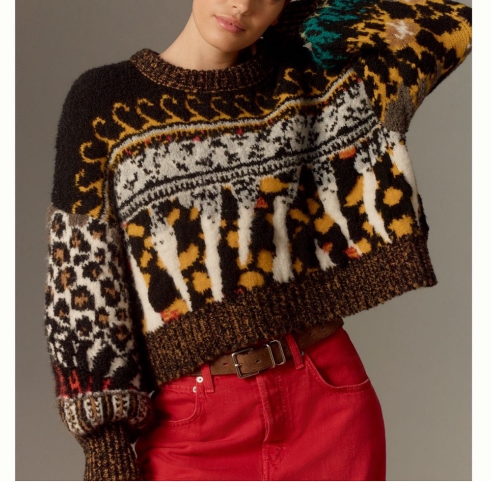 Anthropologie PILCRO Wool Blend Multicolor Animal Print Chunky Sweater Size XXS